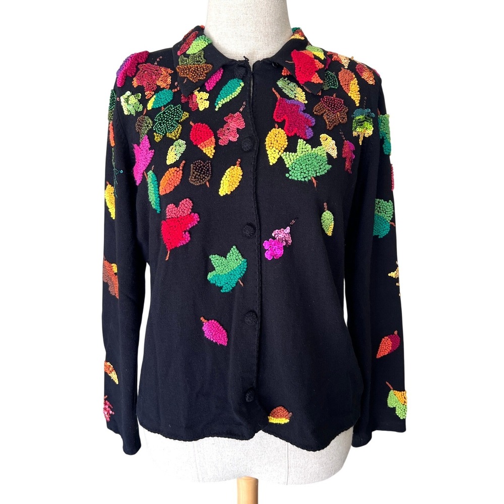 Michael Simon Black Cardigan M Hand Embroidered Leaf 90s Whimsical Art Fall Gran